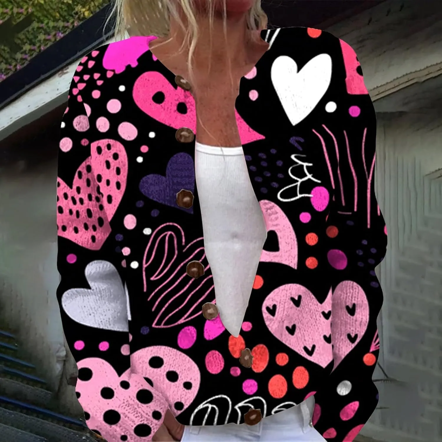 Women's Cute Pattern Printed Sweater Cardigan Long Sleeve Button Open Love Heart Knitted Sweater Outwear Coat