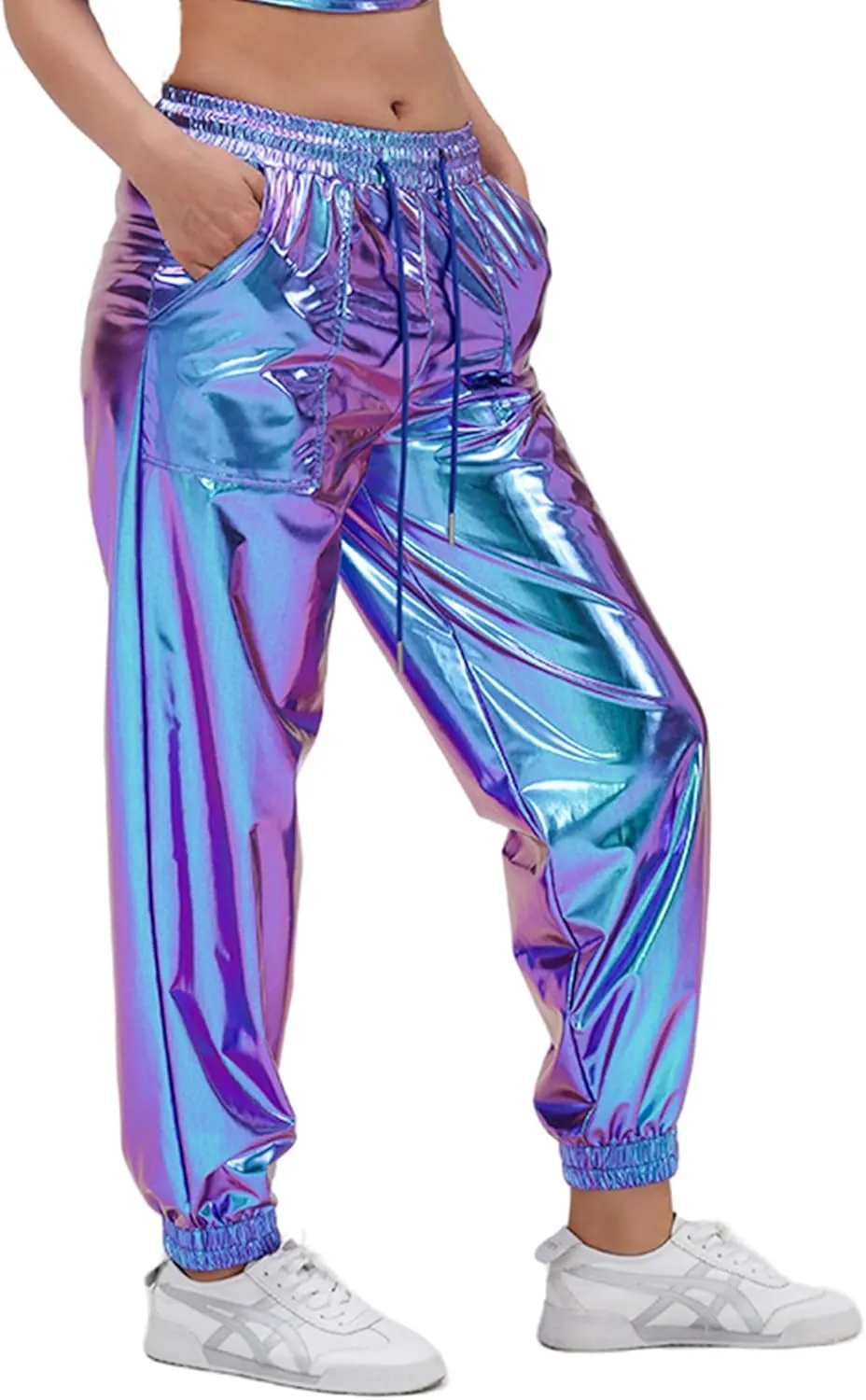 Womens Drawstring Cargo High Waist Jogger Pants Sexy Metallic Sparkly Wide Leg Pants Trousers Clubwear