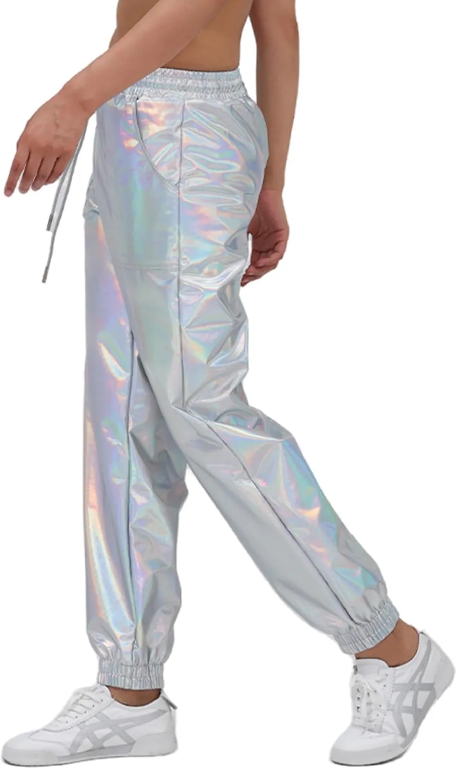 Womens Drawstring Cargo High Waist Jogger Pants Sexy Metallic Sparkly Wide Leg Pants Trousers Clubwear
