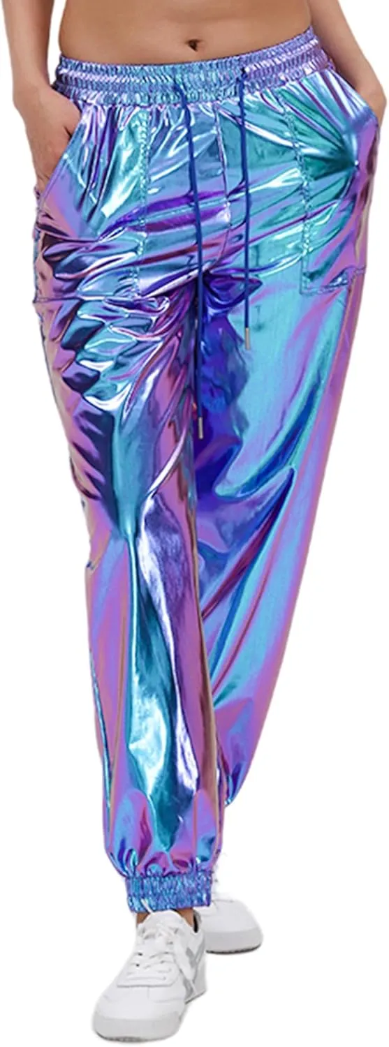 Womens Drawstring Cargo High Waist Jogger Pants Sexy Metallic Sparkly Wide Leg Pants Trousers Clubwear