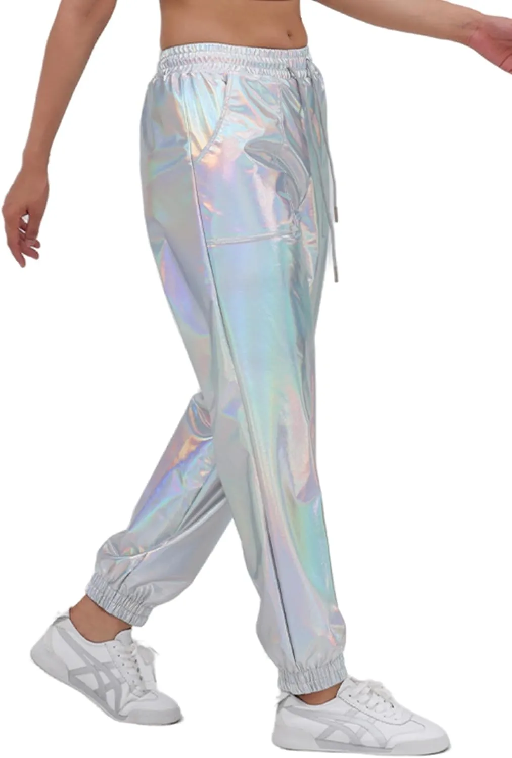 Womens Drawstring Cargo High Waist Jogger Pants Sexy Metallic Sparkly Wide Leg Pants Trousers Clubwear