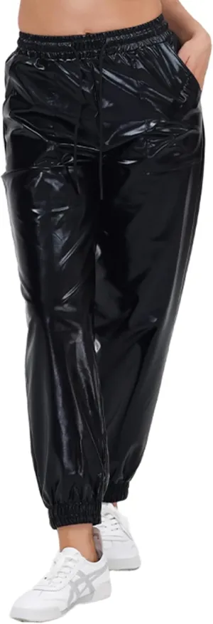 Womens Drawstring Cargo High Waist Jogger Pants Sexy Metallic Sparkly Wide Leg Pants Trousers Clubwear