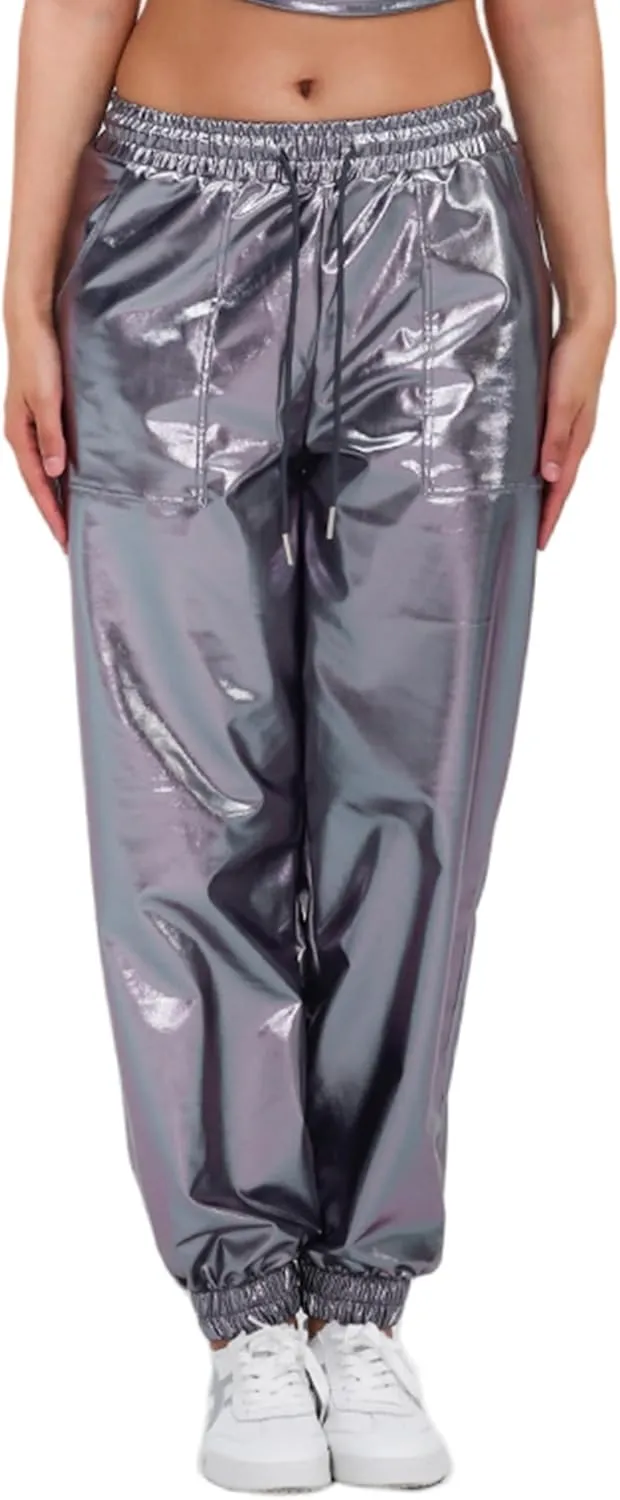 Womens Drawstring Cargo High Waist Jogger Pants Sexy Metallic Sparkly Wide Leg Pants Trousers Clubwear