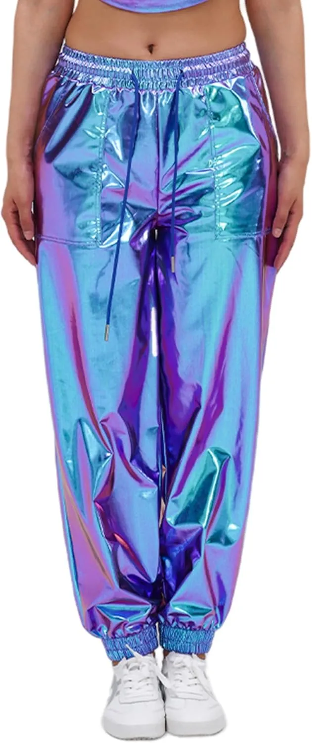 Womens Drawstring Cargo High Waist Jogger Pants Sexy Metallic Sparkly Wide Leg Pants Trousers Clubwear
