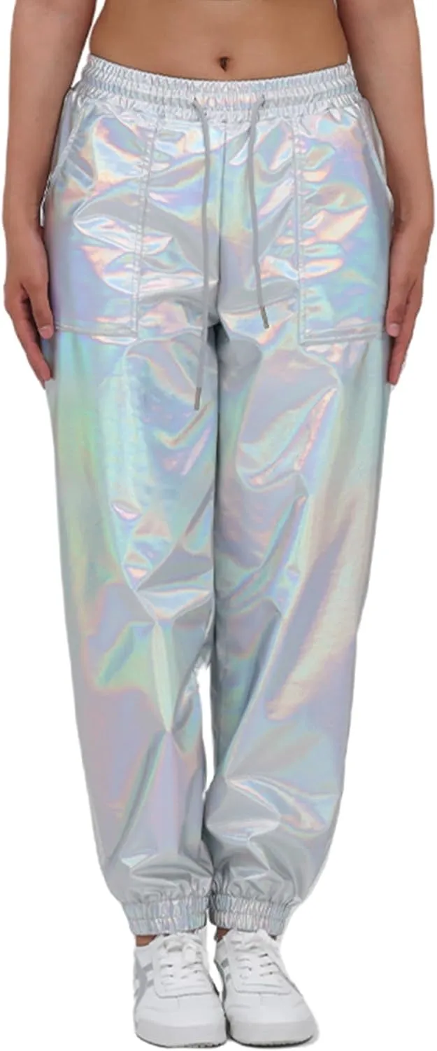 Womens Drawstring Cargo High Waist Jogger Pants Sexy Metallic Sparkly Wide Leg Pants Trousers Clubwear
