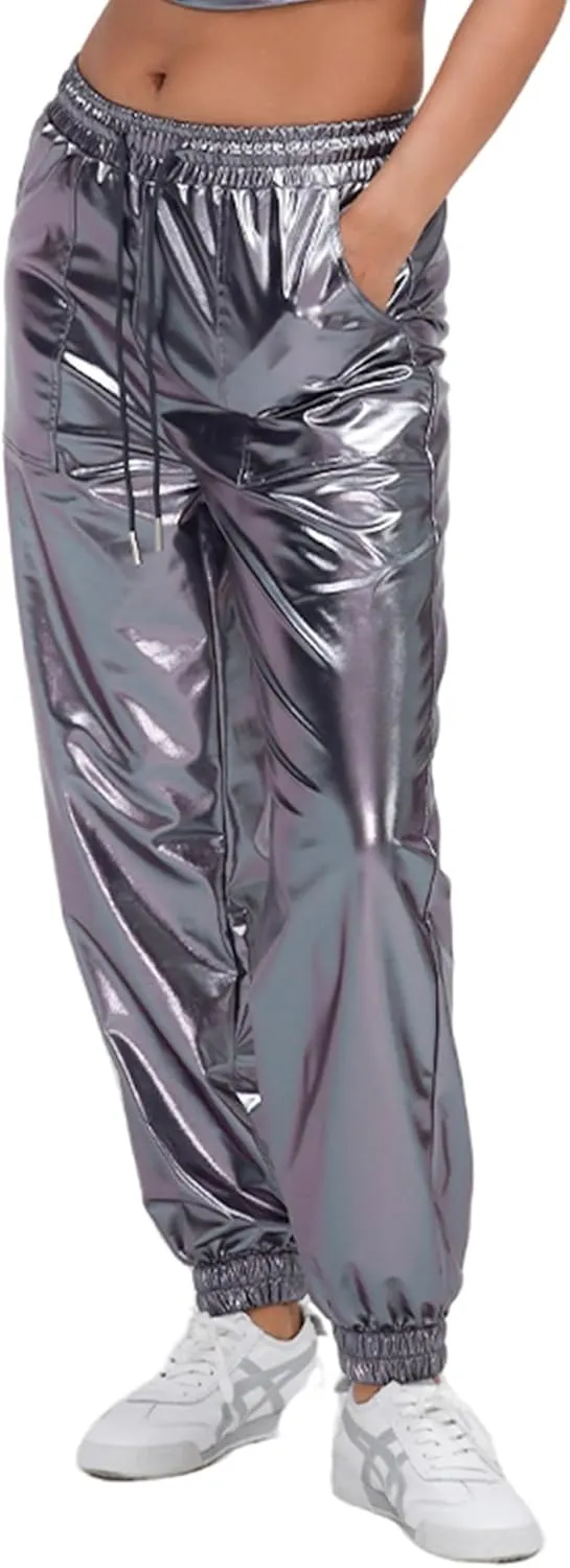 Womens Drawstring Cargo High Waist Jogger Pants Sexy Metallic Sparkly Wide Leg Pants Trousers Clubwear