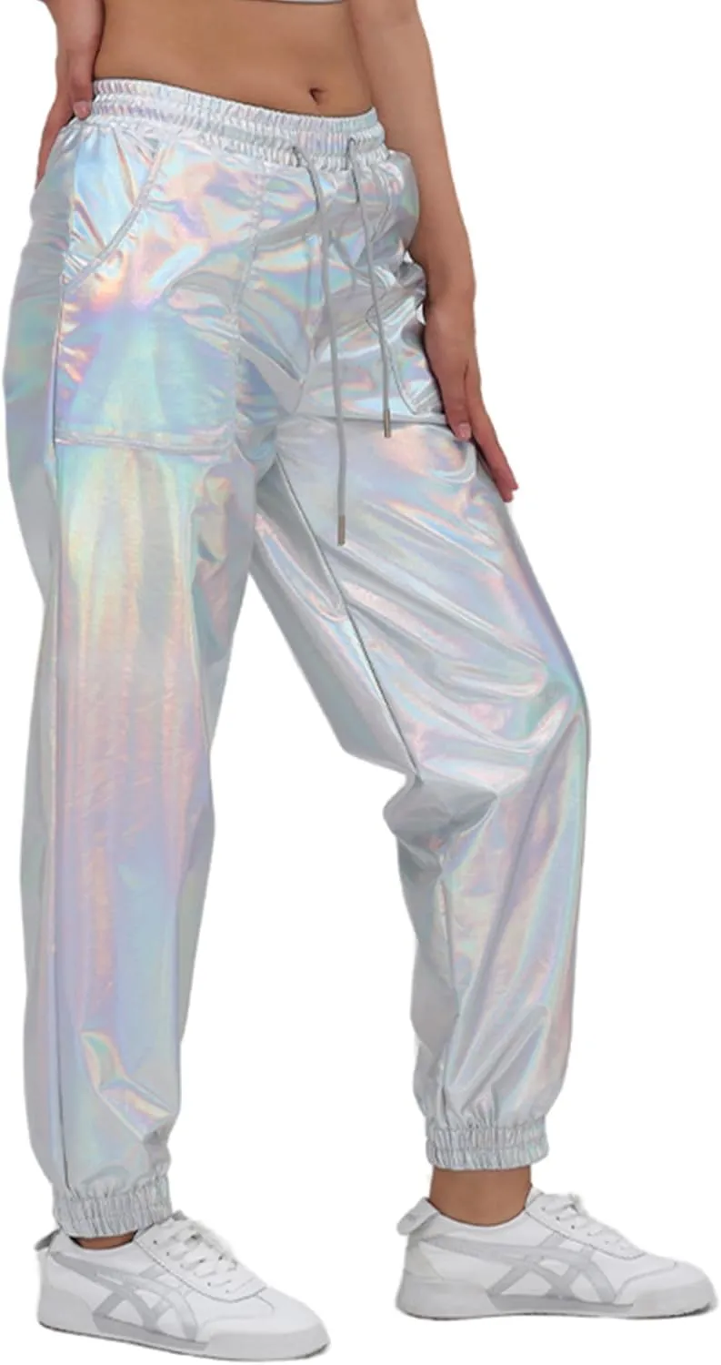 Womens Drawstring Cargo High Waist Jogger Pants Sexy Metallic Sparkly Wide Leg Pants Trousers Clubwear