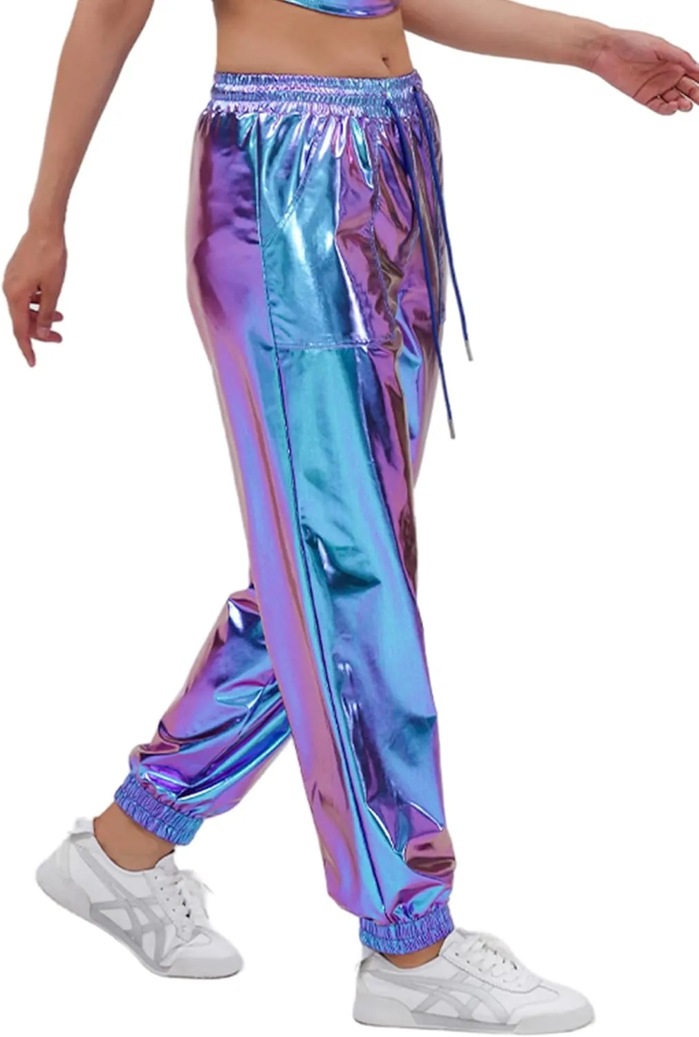 Womens Drawstring Cargo High Waist Jogger Pants Sexy Metallic Sparkly Wide Leg Pants Trousers Clubwear