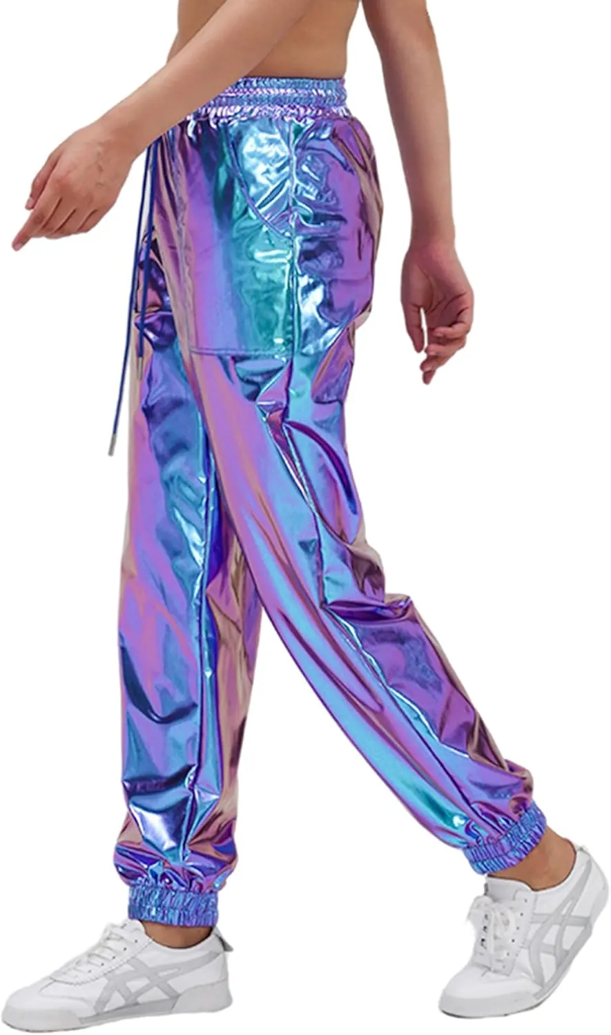 Womens Drawstring Cargo High Waist Jogger Pants Sexy Metallic Sparkly Wide Leg Pants Trousers Clubwear