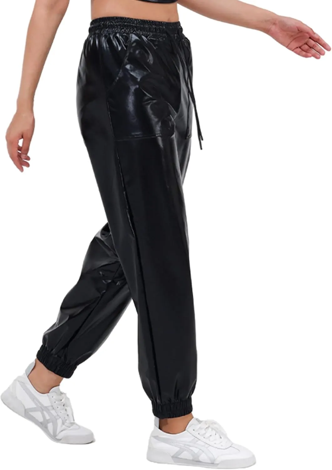Womens Drawstring Cargo High Waist Jogger Pants Sexy Metallic Sparkly Wide Leg Pants Trousers Clubwear