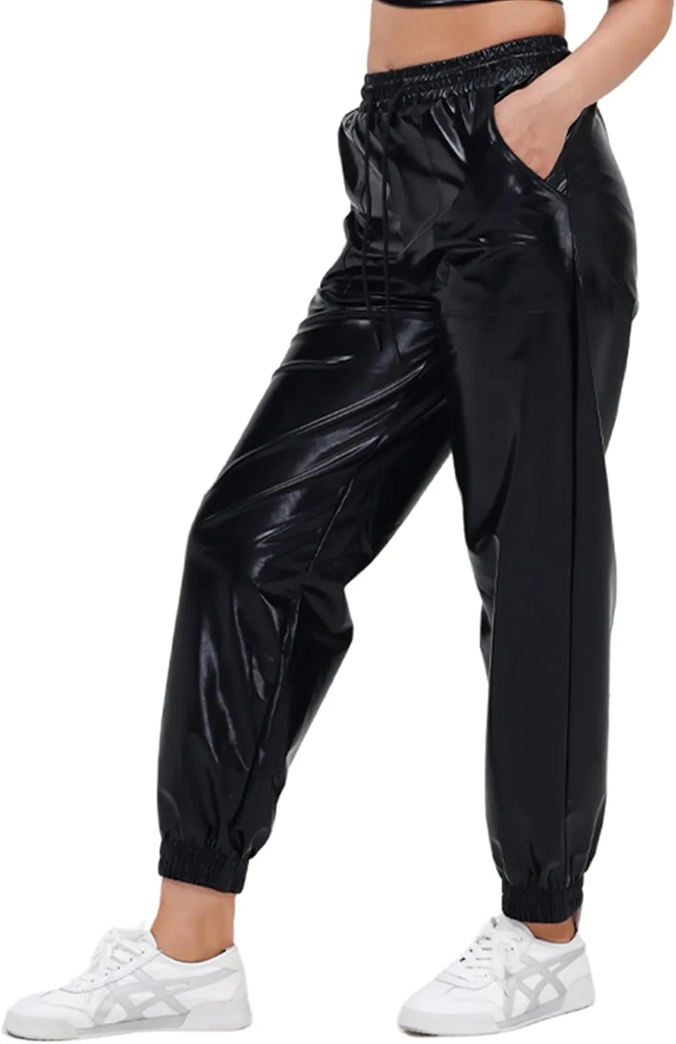 Womens Drawstring Cargo High Waist Jogger Pants Sexy Metallic Sparkly Wide Leg Pants Trousers Clubwear