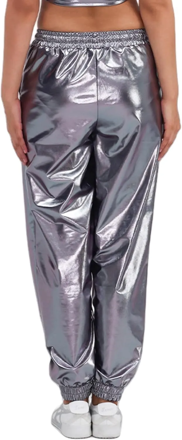 Womens Drawstring Cargo High Waist Jogger Pants Sexy Metallic Sparkly Wide Leg Pants Trousers Clubwear