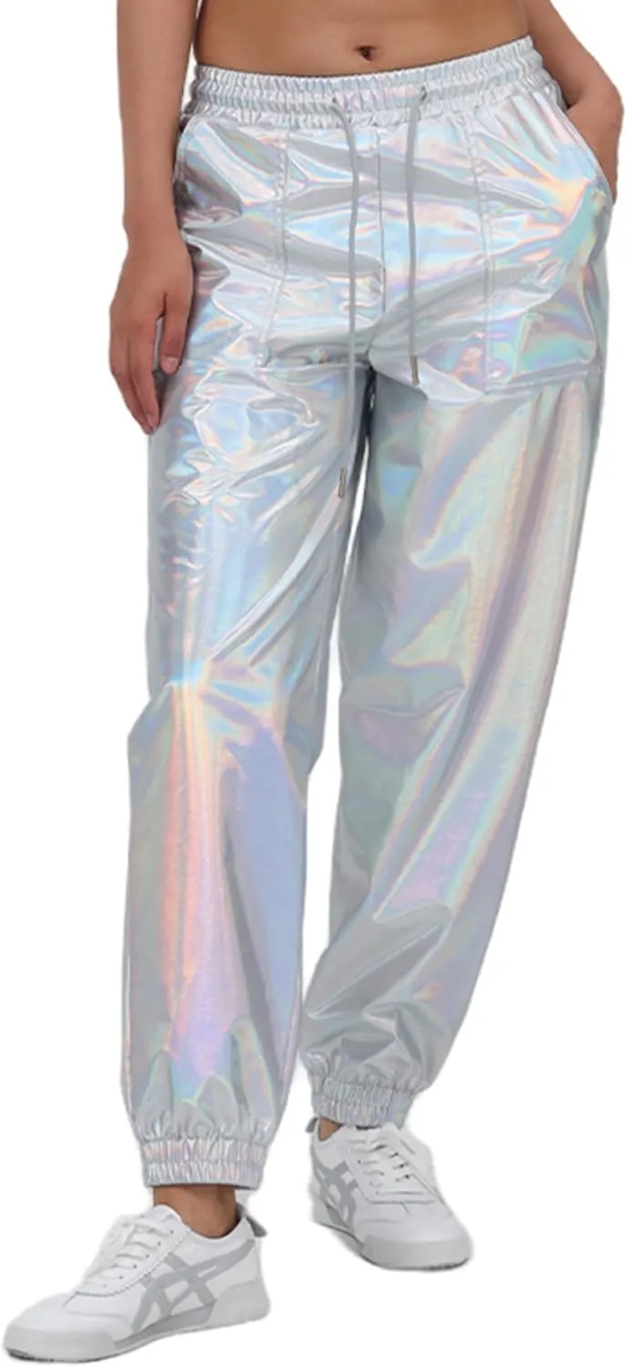 Womens Drawstring Cargo High Waist Jogger Pants Sexy Metallic Sparkly Wide Leg Pants Trousers Clubwear