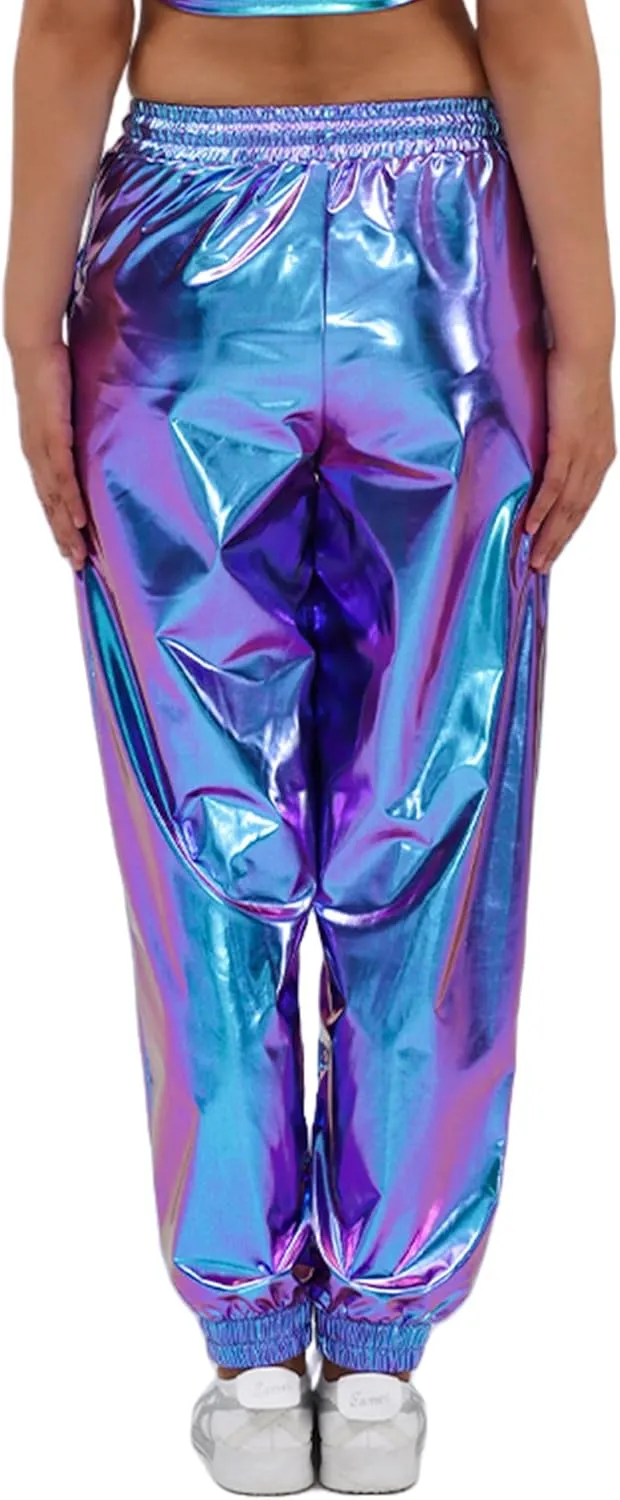 Womens Drawstring Cargo High Waist Jogger Pants Sexy Metallic Sparkly Wide Leg Pants Trousers Clubwear
