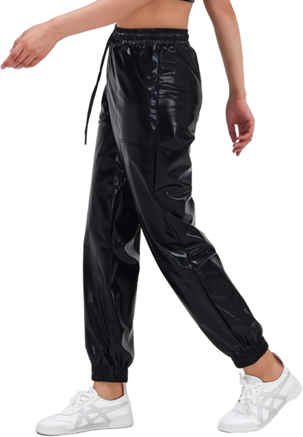 Womens Drawstring Cargo High Waist Jogger Pants Sexy Metallic Sparkly Wide Leg Pants Trousers Clubwear
