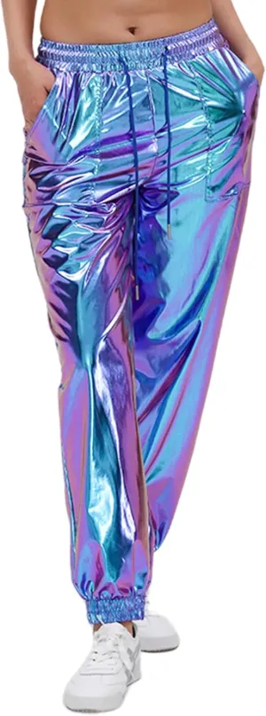 Womens Drawstring Cargo High Waist Jogger Pants Sexy Metallic Sparkly Wide Leg Pants Trousers Clubwear