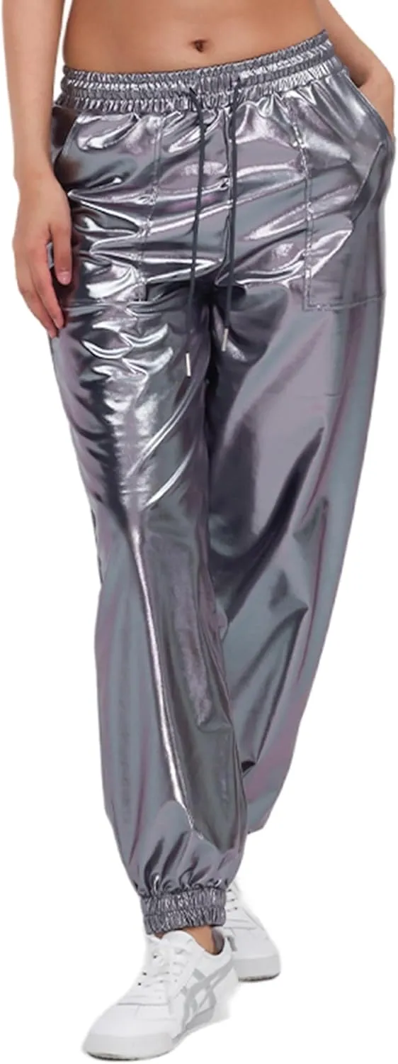Womens Drawstring Cargo High Waist Jogger Pants Sexy Metallic Sparkly Wide Leg Pants Trousers Clubwear