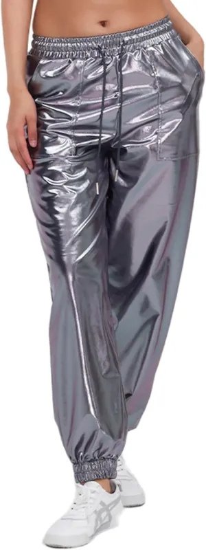 Womens Drawstring Cargo High Waist Jogger Pants Sexy Metallic Sparkly Wide Leg Pants Trousers Clubwear