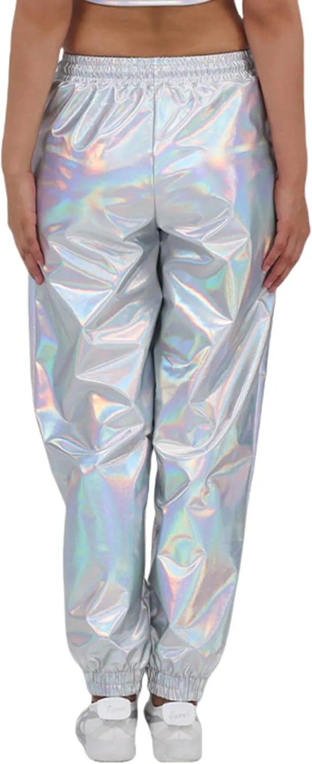 Womens Drawstring Cargo High Waist Jogger Pants Sexy Metallic Sparkly Wide Leg Pants Trousers Clubwear