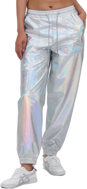 Womens Drawstring Cargo High Waist Jogger Pants Sexy Metallic Sparkly Wide Leg Pants Trousers Clubwear