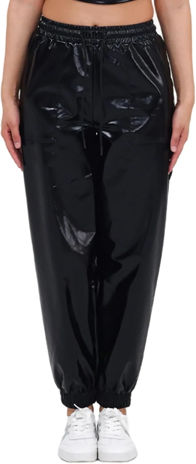 Womens Drawstring Cargo High Waist Jogger Pants Sexy Metallic Sparkly Wide Leg Pants Trousers Clubwear