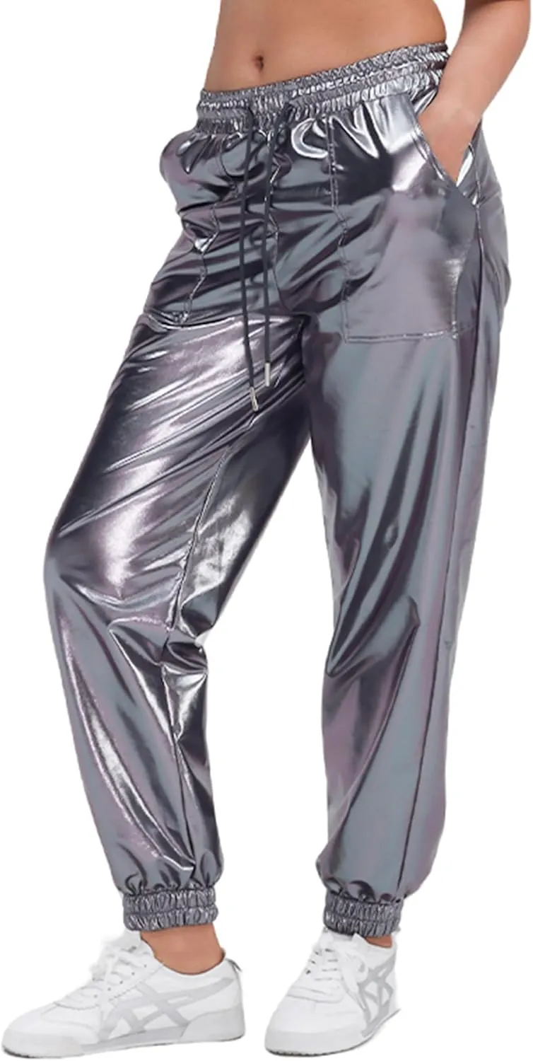 Womens Drawstring Cargo High Waist Jogger Pants Sexy Metallic Sparkly Wide Leg Pants Trousers Clubwear