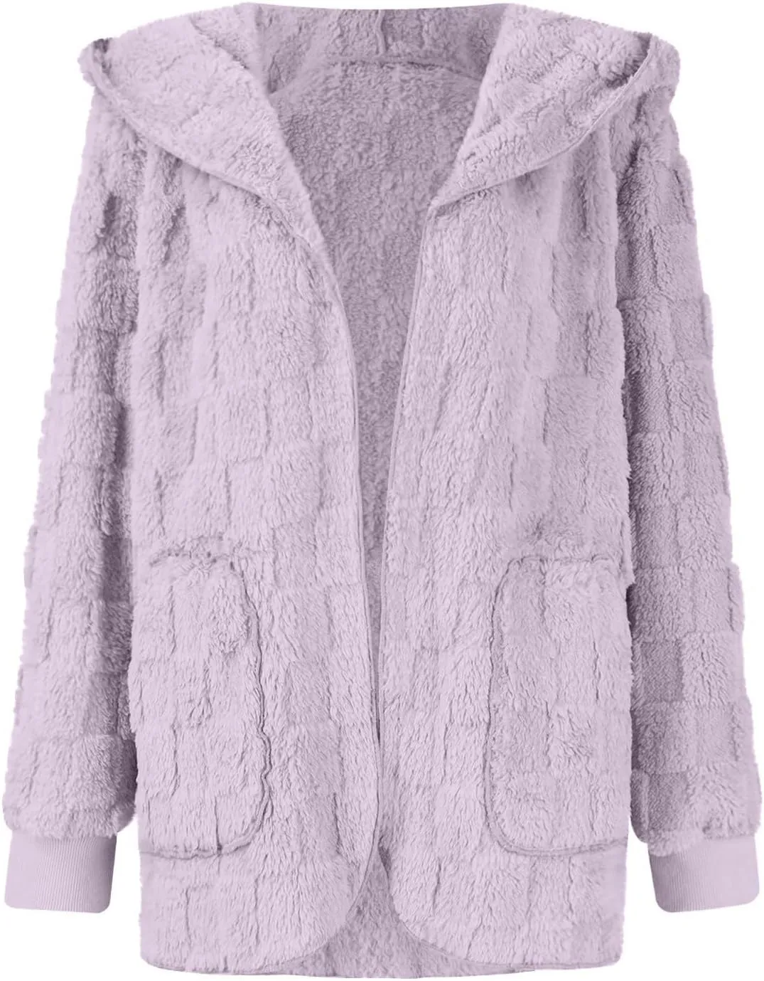 Womens Fleece Jacket Open Front Hooded Cardigan Warm Winter Coat Sherpa Fuzzy Teddy Jacket Outerwear with Pockets