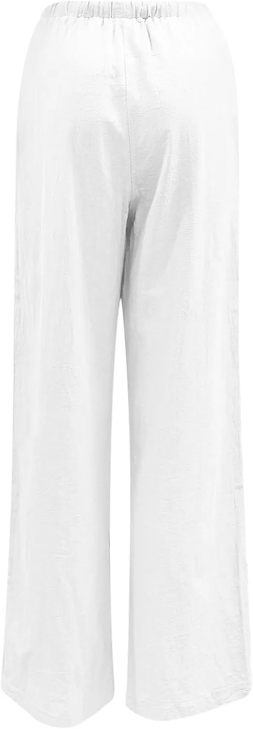 Women's Linen Stretch Pants 2025 Baggy Y2K Summer Stretchy Boho Beach Pants Relaxed Loose Fit Elastic Lightweight Trousers