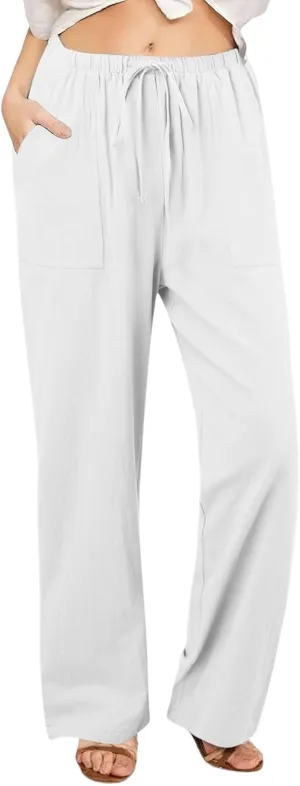 Women's Linen Stretch Pants 2025 Baggy Y2K Summer Stretchy Boho Beach Pants Relaxed Loose Fit Elastic Lightweight Trousers
