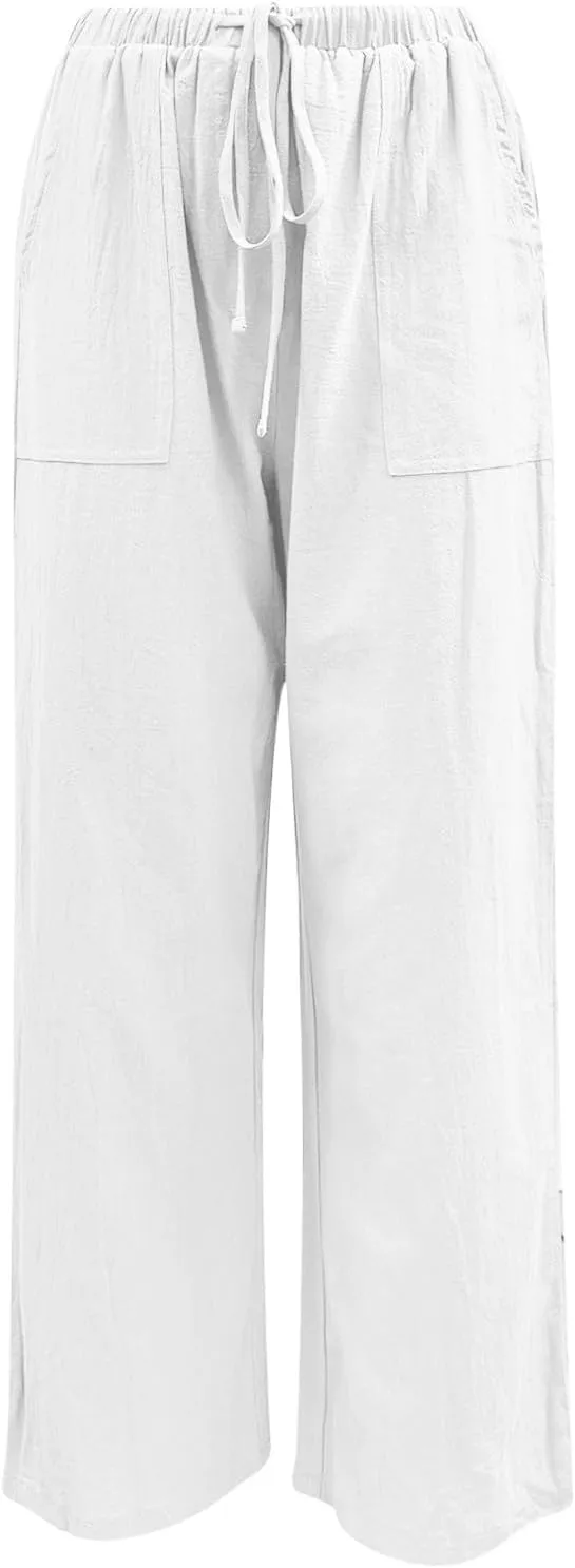 Women's Linen Stretch Pants 2025 Baggy Y2K Summer Stretchy Boho Beach Pants Relaxed Loose Fit Elastic Lightweight Trousers