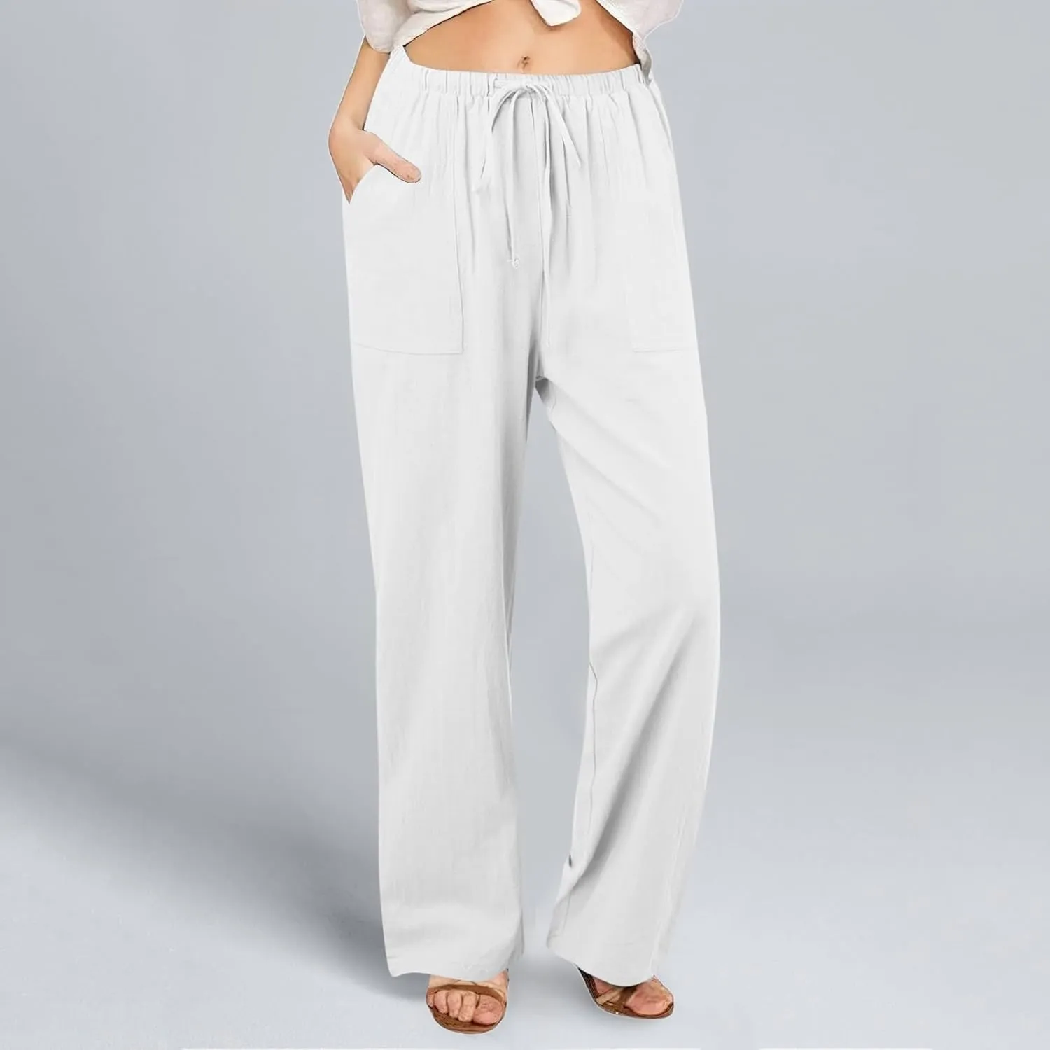 Women's Linen Stretch Pants 2025 Baggy Y2K Summer Stretchy Boho Beach Pants Relaxed Loose Fit Elastic Lightweight Trousers