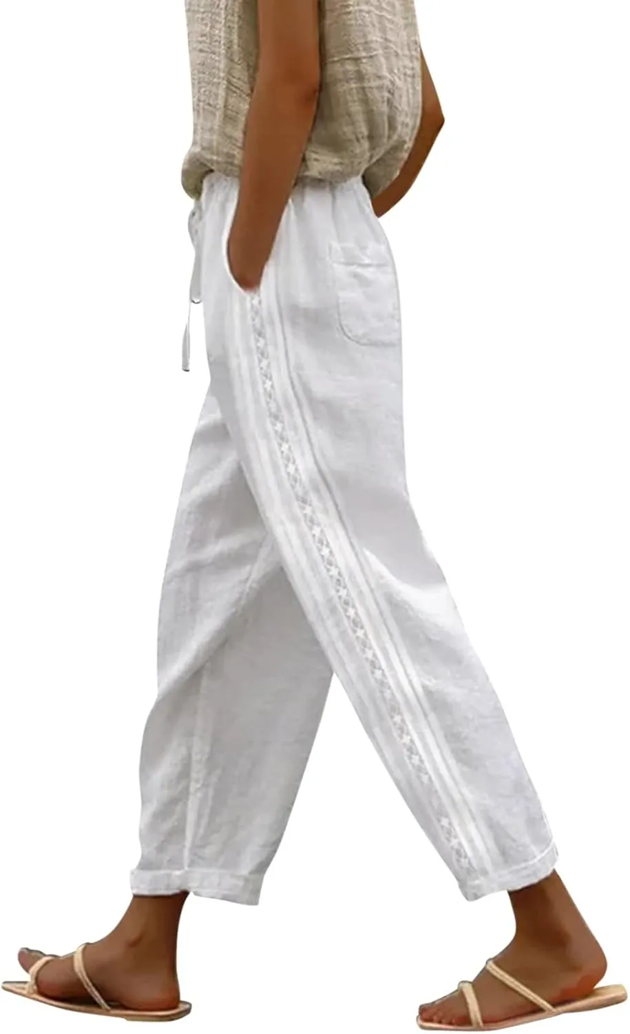 Womens Linen Summer Trendy Pants High Waist Straight Slim Fit Pants Beach