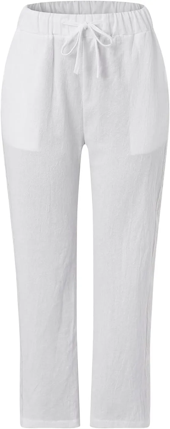 Womens Linen Summer Trendy Pants High Waist Straight Slim Fit Pants Beach
