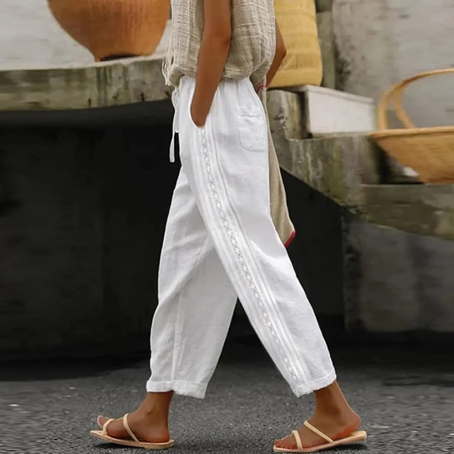 Womens Linen Summer Trendy Pants High Waist Straight Slim Fit Pants Beach