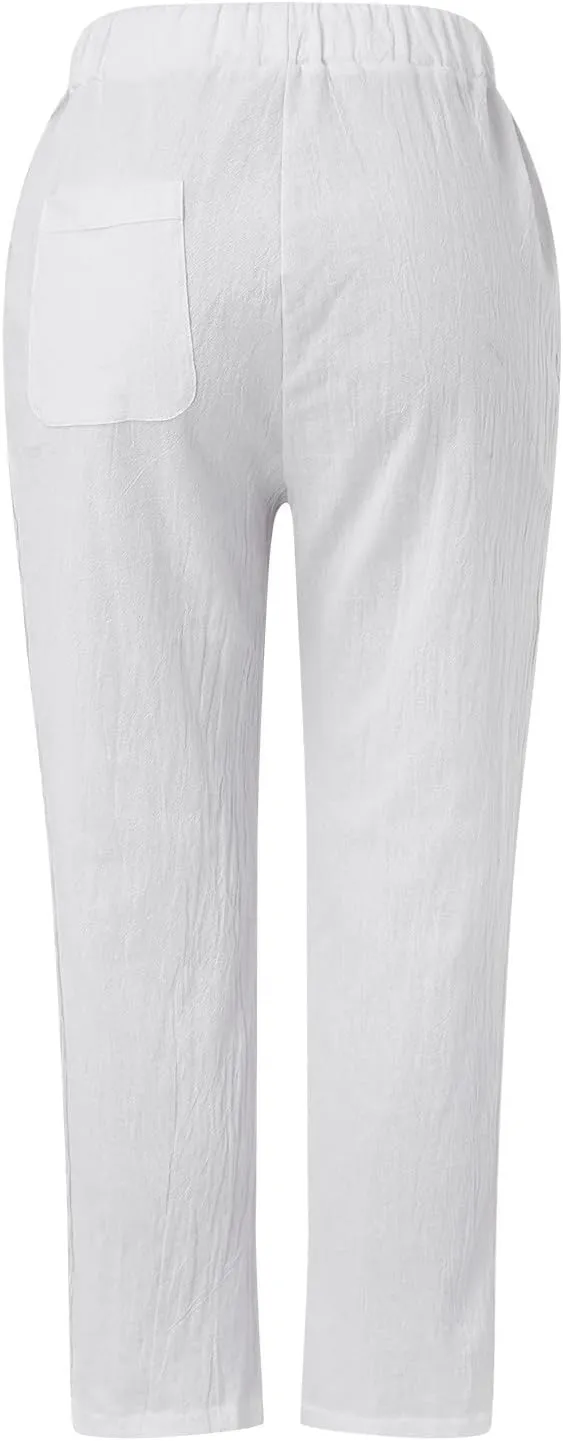 Womens Linen Summer Trendy Pants High Waist Straight Slim Fit Pants Beach