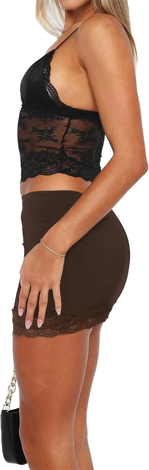 Womens Mini Skorts Sexy Mid-Waisted Pencil Bodycon Short Skirts with Lace Hem 2025