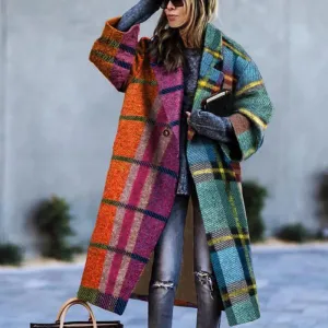 Women's Plaid Coat - Oversized Fit - Long Length - Wool Blend - Notched Lapel