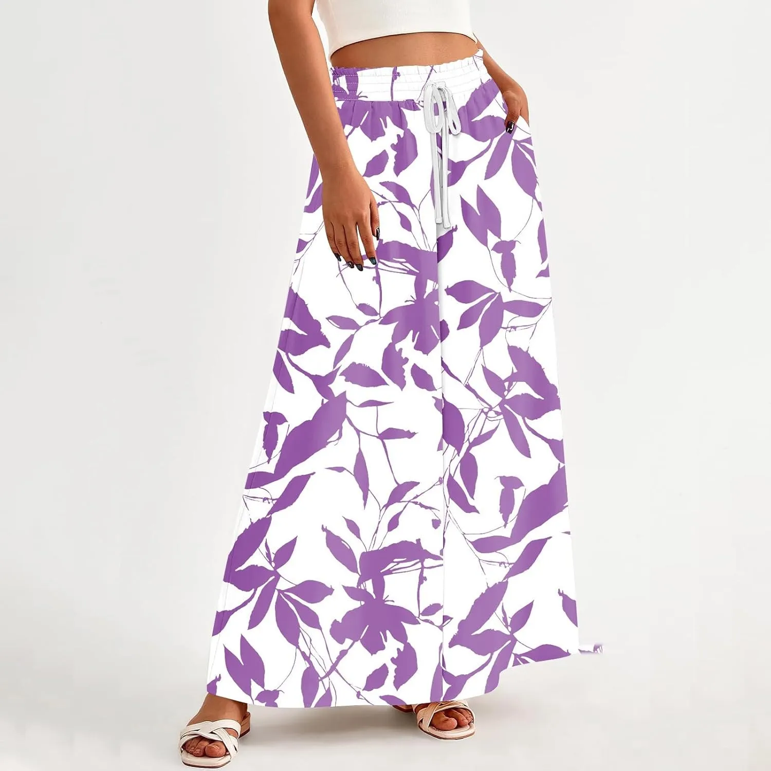 Womens Wide Leg Boho Pants Floral Solid Flowy Pants Lounge Beach with Pocket Resort Wear for Women 2025 Trendy