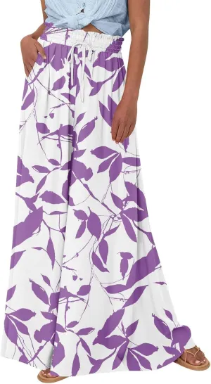 Womens Wide Leg Boho Pants Floral Solid Flowy Pants Lounge Beach with Pocket Resort Wear for Women 2025 Trendy