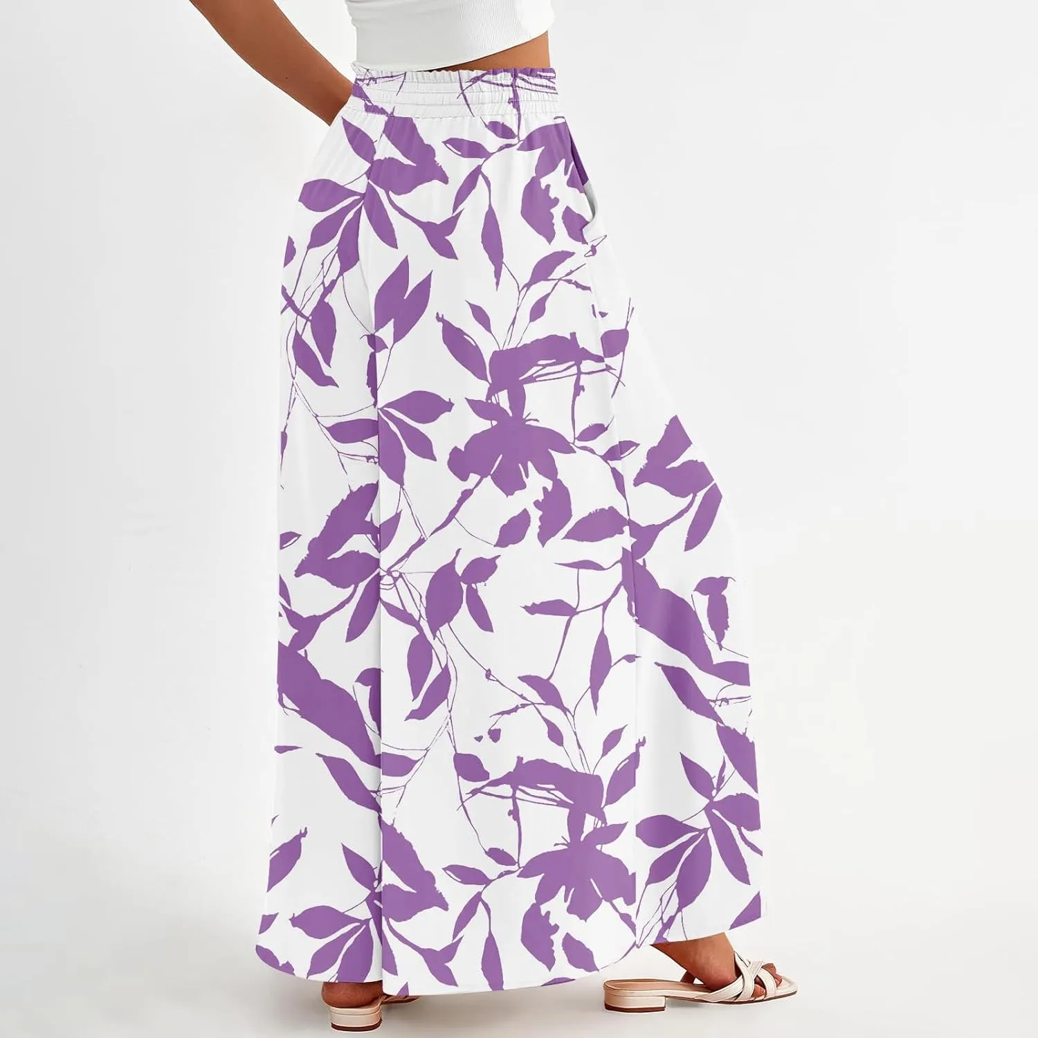 Womens Wide Leg Boho Pants Floral Solid Flowy Pants Lounge Beach with Pocket Resort Wear for Women 2025 Trendy