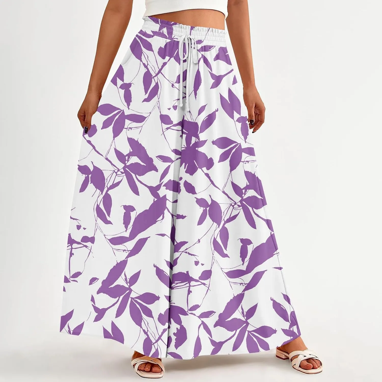 Womens Wide Leg Boho Pants Floral Solid Flowy Pants Lounge Beach with Pocket Resort Wear for Women 2025 Trendy
