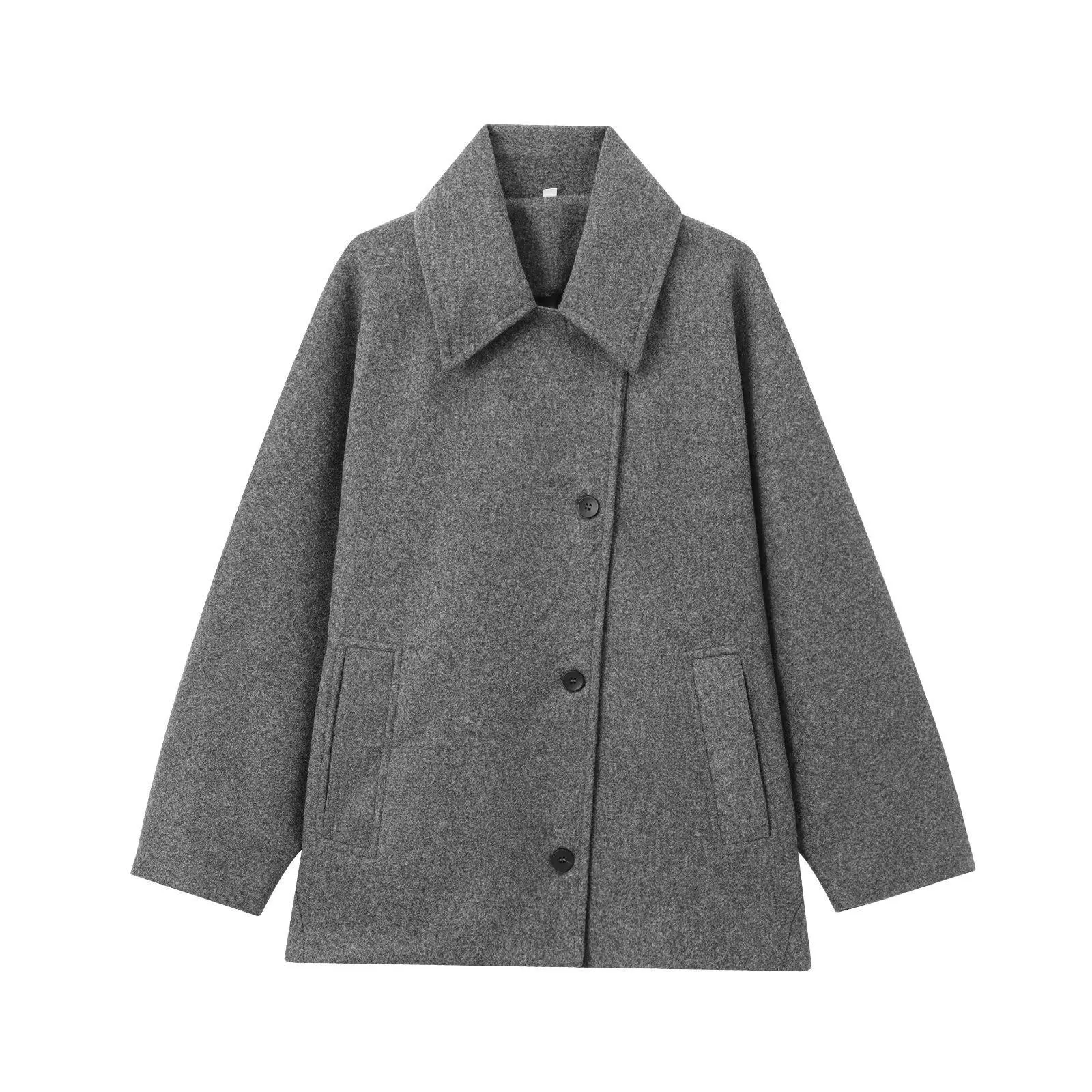 Womens Wool Jacket  Oversized Fit  Wide Collar  Button Front  Hip Length Casual