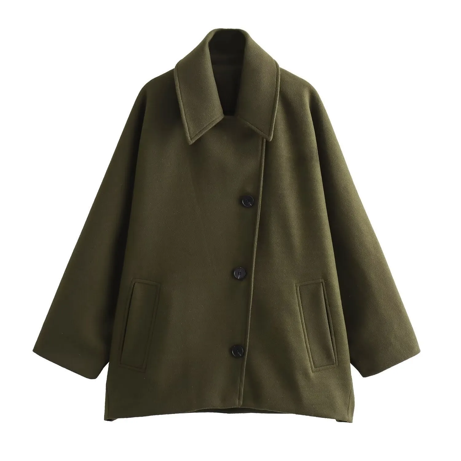Womens Wool Jacket  Oversized Fit  Wide Collar  Button Front  Hip Length Casual