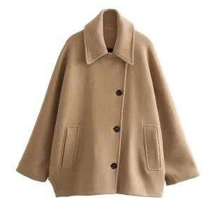 Womens Wool Jacket  Oversized Fit  Wide Collar  Button Front  Hip Length Casual
