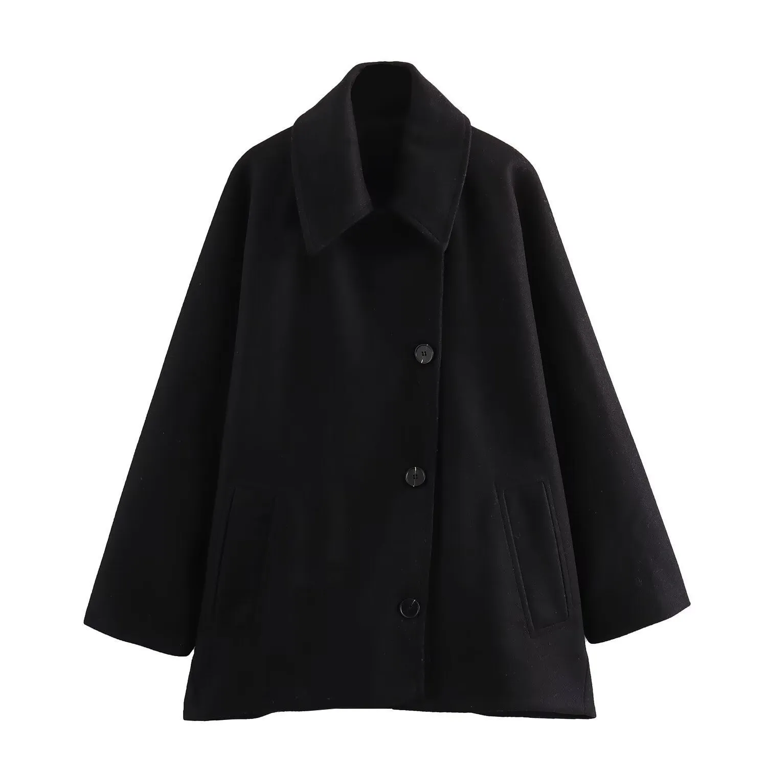 Womens Wool Jacket  Oversized Fit  Wide Collar  Button Front  Hip Length Casual