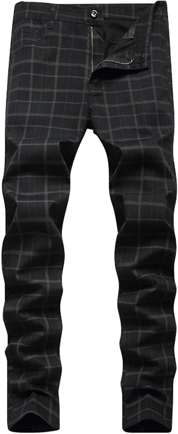 ZYXTIM Men Plaid Jeans,Slim Fit Straight Leg Zipper Fly Check Denim Pants, Big&Tall Casual Smart Chino Trousers Pencil Pants