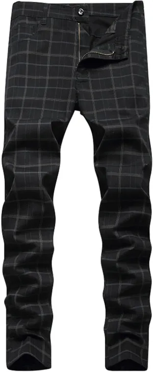 ZYXTIM Men Plaid Jeans,Slim Fit Straight Leg Zipper Fly Check Denim Pants, Big&Tall Casual Smart Chino Trousers Pencil Pants