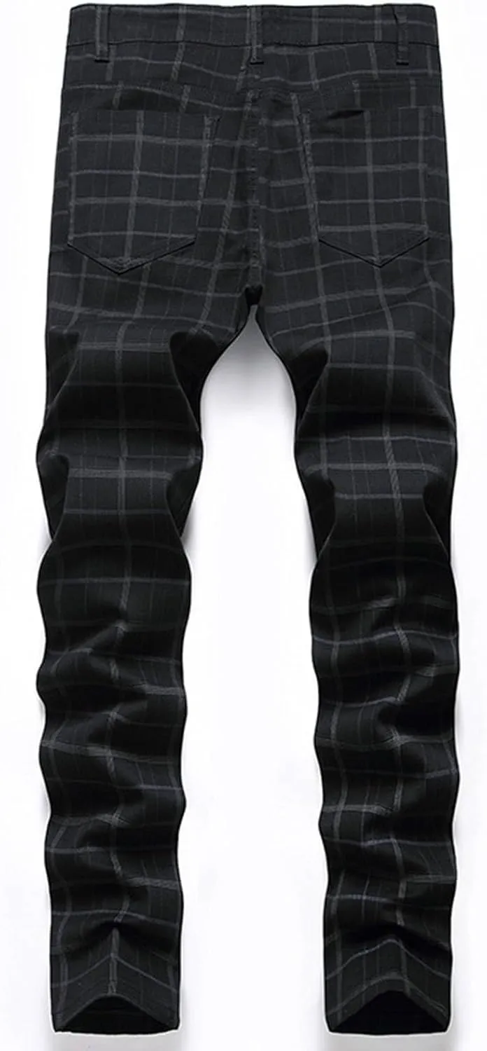 ZYXTIM Men Plaid Jeans,Slim Fit Straight Leg Zipper Fly Check Denim Pants, Big&Tall Casual Smart Chino Trousers Pencil Pants